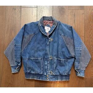 Vintage Weathered Blues Denim Bomber Jacket with Paisley Lining Women's Medium